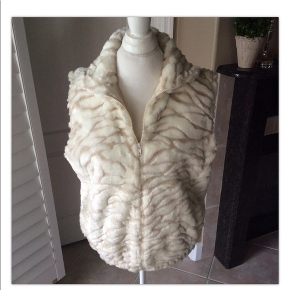 Faux Animal Print Fur Vest SM/MED Cream Beige Full Zip Donna Stewart USA Vintage - Picture 10 of 12